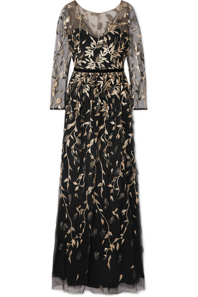 Marchesa Notte Velvet-trimmed Embroidered Glittered Tulle Gown In Black ...