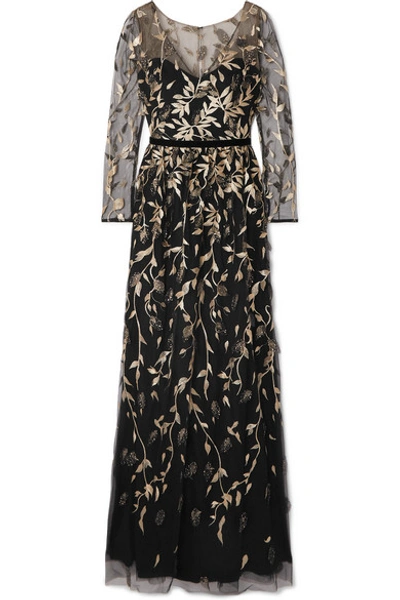 Shop Marchesa Notte Velvet-trimmed Embroidered Glittered Tulle Gown In Black