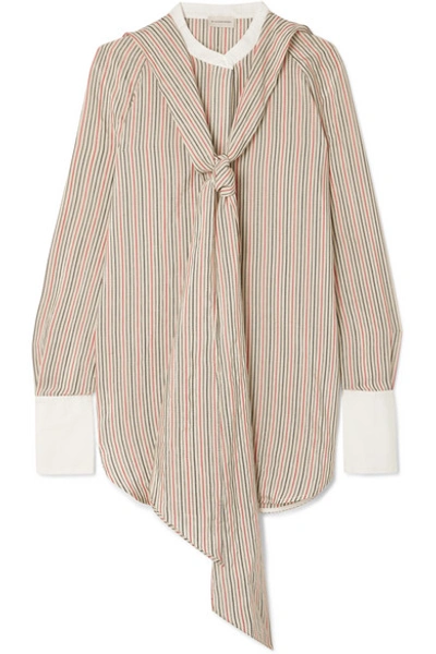 Shop By Malene Birger Bonnes Tie-neck Striped Cotton-blend Jacquard Blouse In Beige
