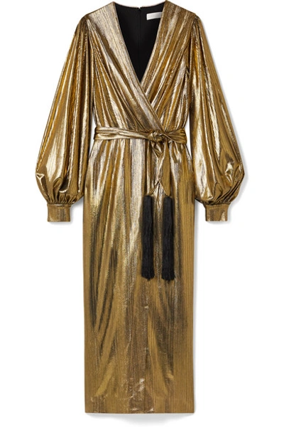 Shop Borgo De Nor Belted Wrap-effect Lamé Midi Dress In Gold