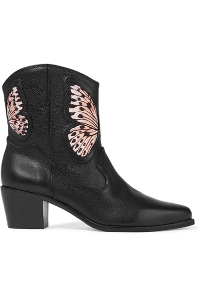 Shop Sophia Webster Shelby Embroidered Satin-paneled Textured-leather Ankle Boots In Black