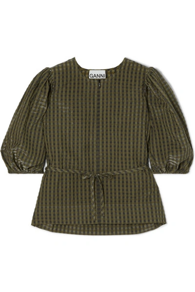 Shop Ganni Belted Metallic Checked Seersucker Blouse In Army Green