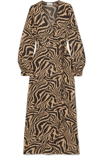 Shop Ganni Tiger-print Crepe Wrap Midi Dress In Sand