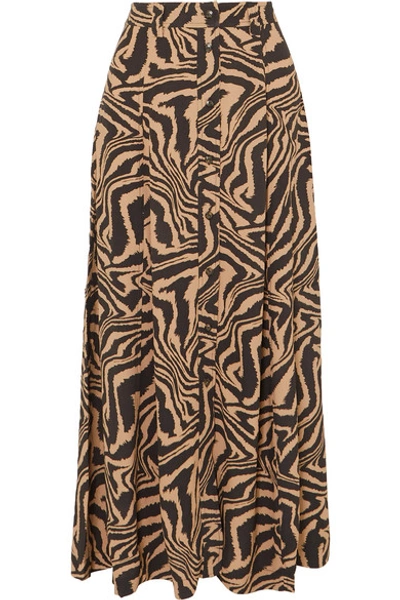 Shop Ganni Tiger-print Crepe Midi Skirt In Sand