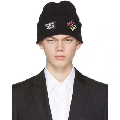 Shop Burberry Black Wool Rib Knit Logo Beanie