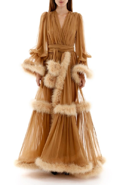 Shop Dolce & Gabbana Feather Trim Flounce Draped Gown In Brown