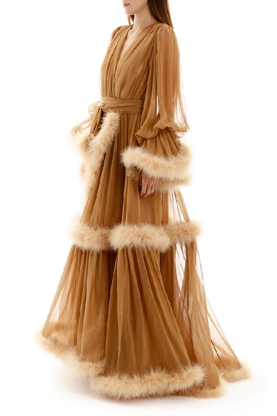 Shop Dolce & Gabbana Feather Trim Flounce Draped Gown In Brown