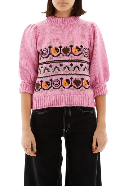 Shop Ganni Cropped Chunky Jacquard Knit Sweater In Multi