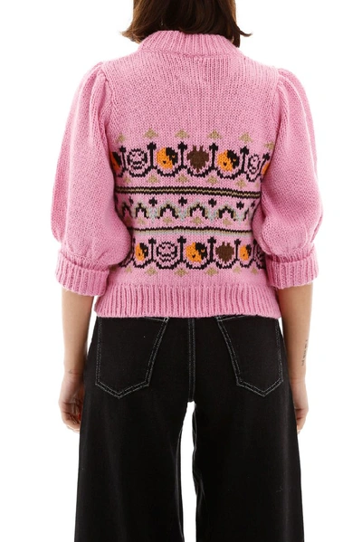 Shop Ganni Cropped Chunky Jacquard Knit Sweater In Multi