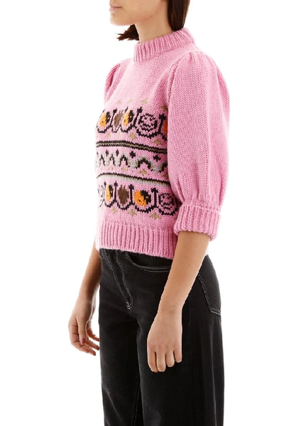 Shop Ganni Cropped Chunky Jacquard Knit Sweater In Multi