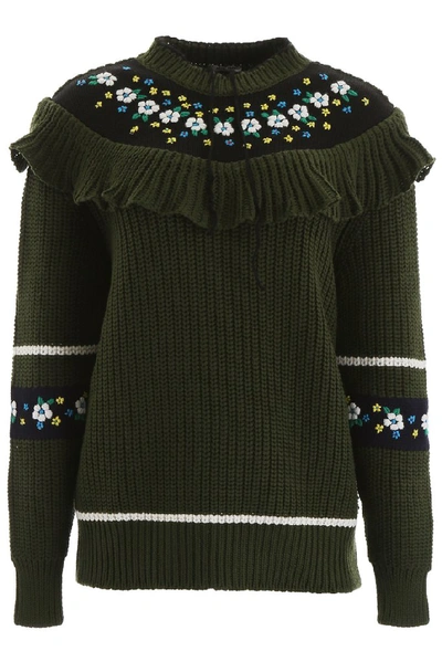 Shop Miu Miu Floral Embroidered Ruffle Trim Sweater In Multi