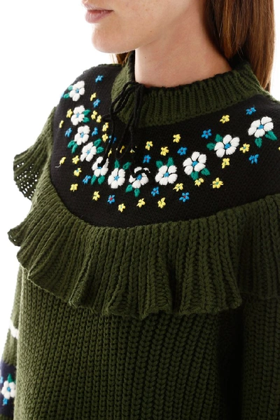 Shop Miu Miu Floral Embroidered Ruffle Trim Sweater In Multi