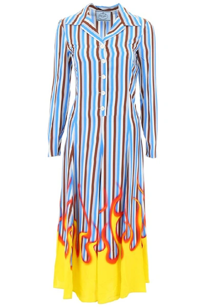 Shop Prada Striped Flame Print Shirt Dress In Multi