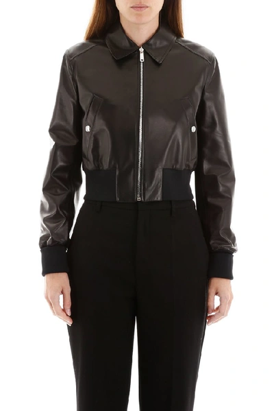 Shop Prada Cropped Leather Bomber Jacket In Black