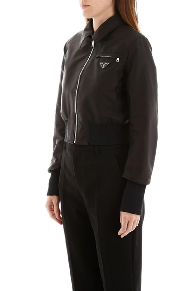 Shop Prada Cropped Leather Bomber Jacket In Black