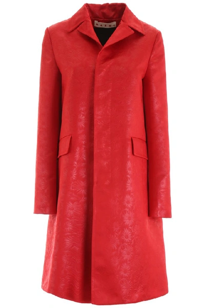 Shop Marni Floral Jacquard Buttoned Coat In Red