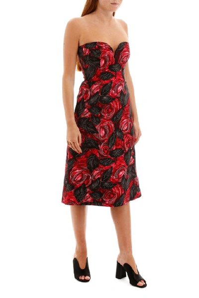 Shop Prada Floral Patterned Strapless Midi Dress In Multi