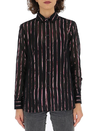 Shop Saint Laurent Striped Sheer Shirt In Noir/fuxia/argent