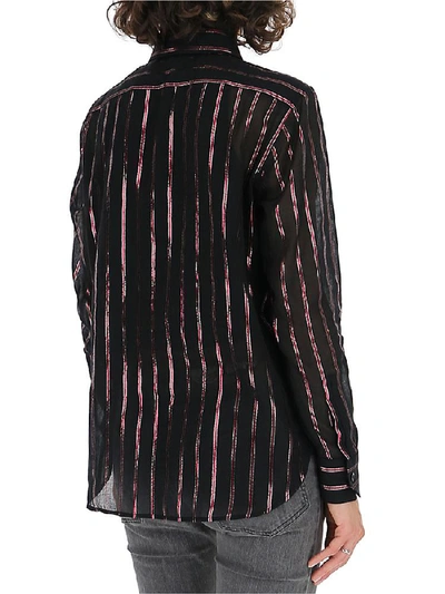 Shop Saint Laurent Striped Sheer Shirt In Noir/fuxia/argent