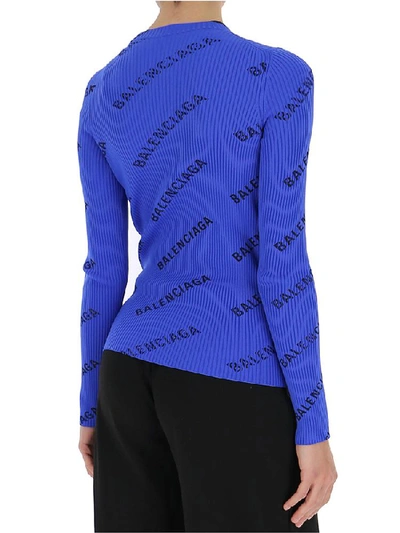 Shop Balenciaga Logo Ribbed Knit Pullover In Royal/black