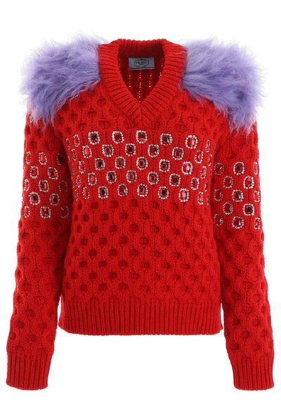 Shop Prada Crystal Embellished Shoulder Patch Knit In Red