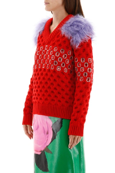 Shop Prada Crystal Embellished Shoulder Patch Knit In Red