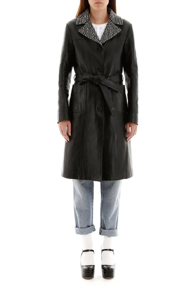 Shop Miu Miu Crystal Embellished Collar Waist Belted Coat In Black