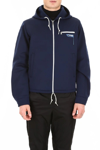 Shop Prada Logo Patch Hooded Jacket In Navy