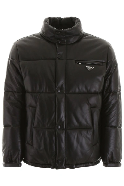 Shop Prada Leather Padded Logo Plaque Jacket In Black