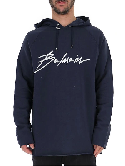 Shop Balmain Logo Signature Hoodie In Navy