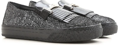 Shop Tod's Fringed Glitter Loafers In Silver+black