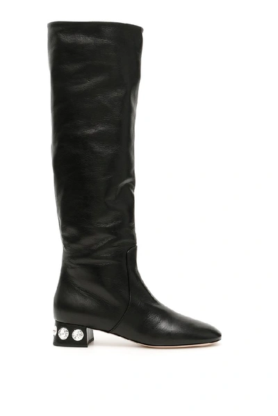 Shop Miu Miu Crystal Embellished Long Boots In Black