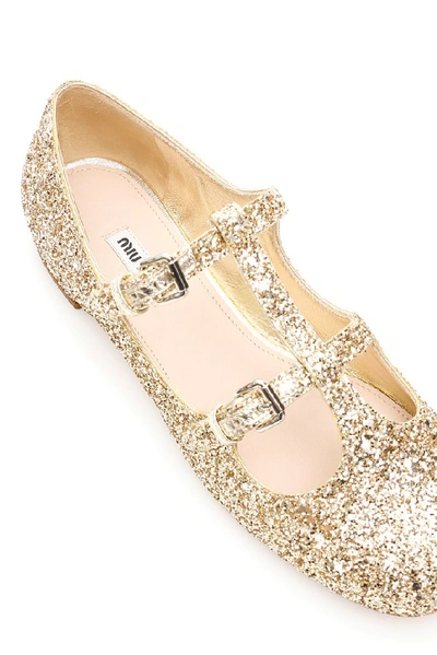 Shop Miu Miu Glitter Buckle Ballerinas In Gold