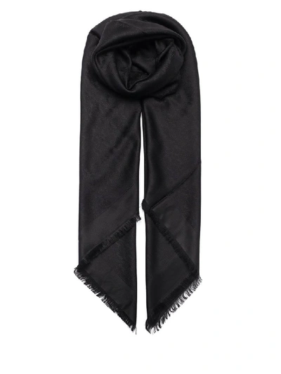 Shop Saint Laurent Fringed Logo Jacquard Scarf In Black