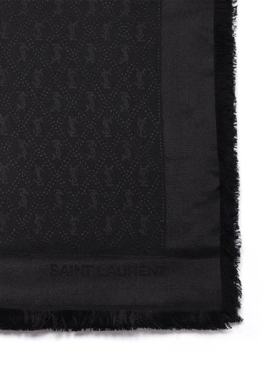 Shop Saint Laurent Fringed Logo Jacquard Scarf In Black