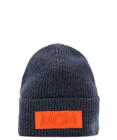 Shop Mcm Logo Patch Beanie In Blue