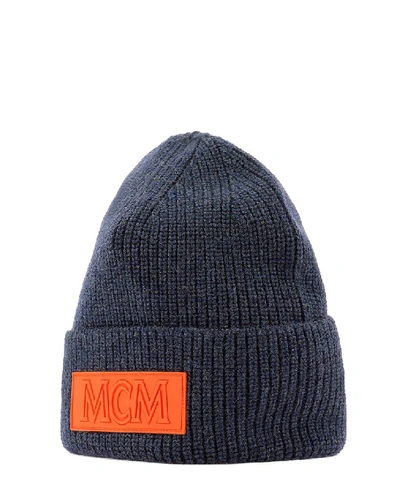 Shop Mcm Logo Patch Beanie In Blue
