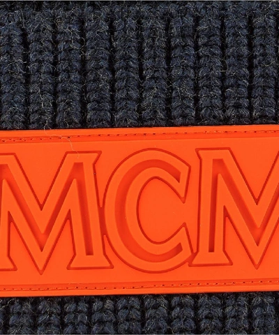 Shop Mcm Logo Patch Beanie In Blue