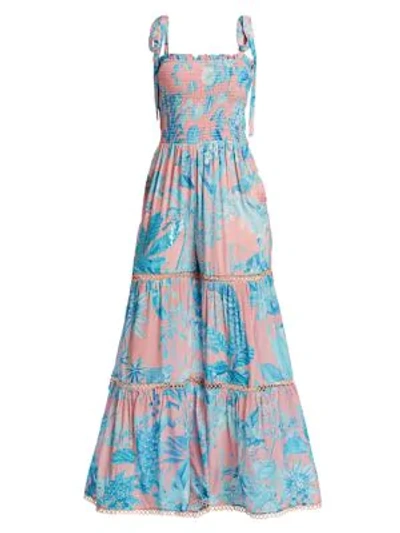Shop Hemant & Nandita Floral Smocked Belted Wide-leg Jumpsuit In Pink Blue