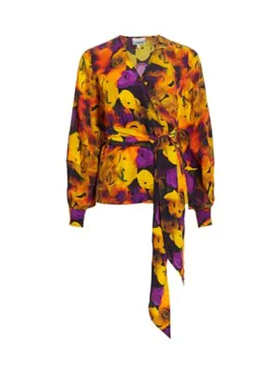 Shop Ganni Silk-blend Floral Wrap Top In Lemon