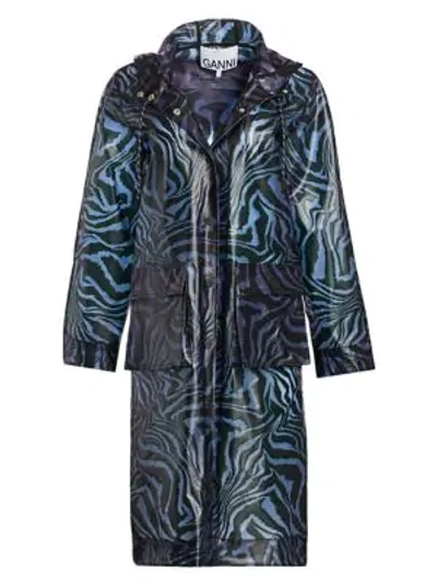 Shop Ganni Biodegradable Zebra Rain Coat In Forever Blue