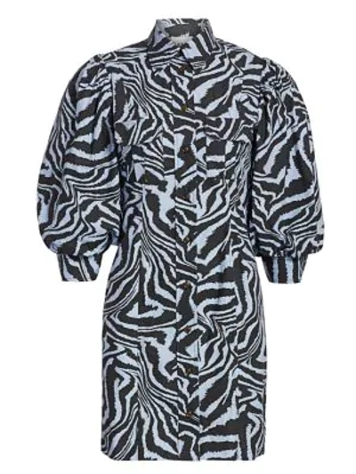 Shop Ganni Puff-sleeve Zebra Mini Shirtdress In Forever Blue