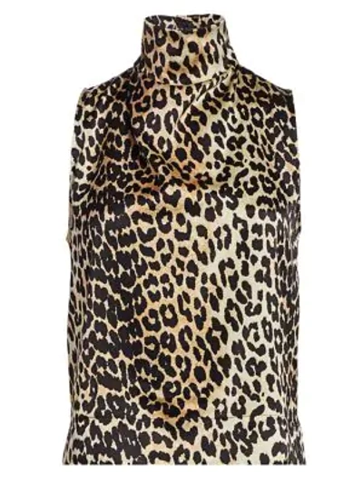 Shop Ganni Stretch Silk Cowl-neck Leopard Top