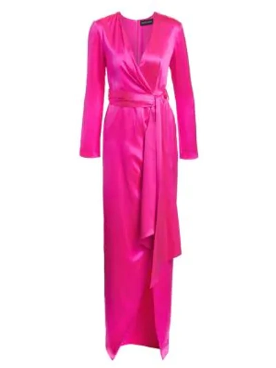 Shop Brandon Maxwell Silk Satin Belted Wrap Gown In Electric Pink