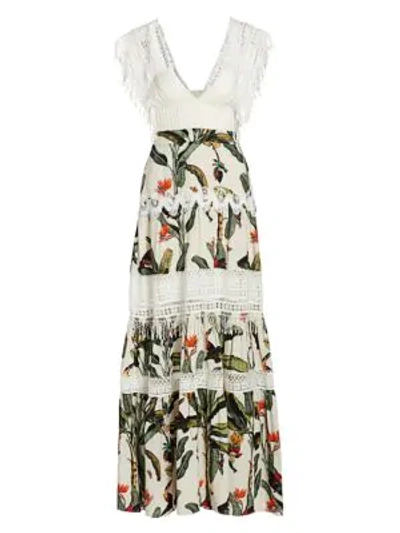 Shop Patbo Tropical Print Lace-trim Dress In Off White