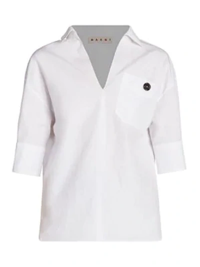 Shop Marni Collared Poplin V-neck Polo Shirt In Linen White