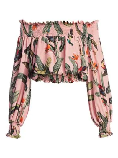 Shop Patbo Tropical Print Off-the-shoulder Top In Pop Pink