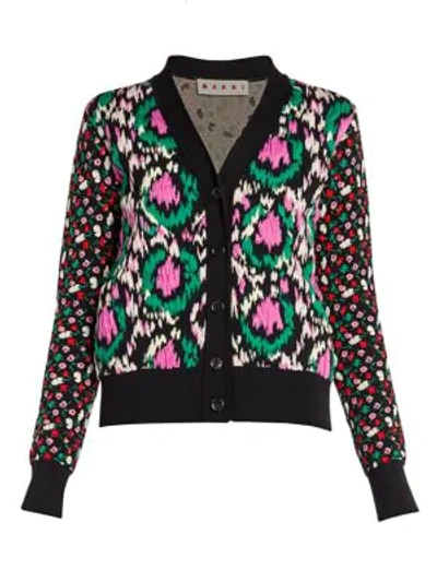 Shop Marni Stretch Floral Jacquard Mixed Cardigan In Black