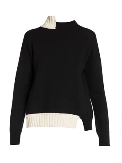 Shop Marni Contrast Asymmetric Wool Knit Crewneck Sweater In Black