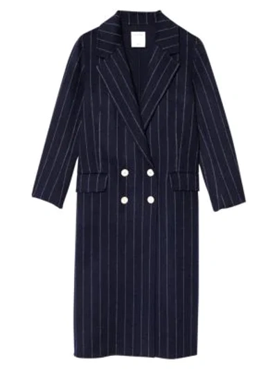 Shop Sandro Thiny Wool-blend Pinstripe Coat In Navy